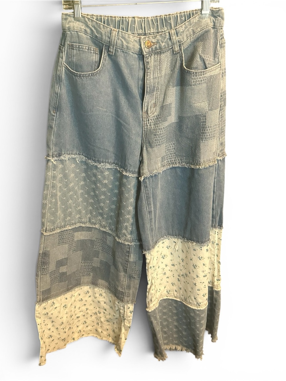 BellanBlue Patchwork Wide Leg Jeans in Light Blue and Cream Lg